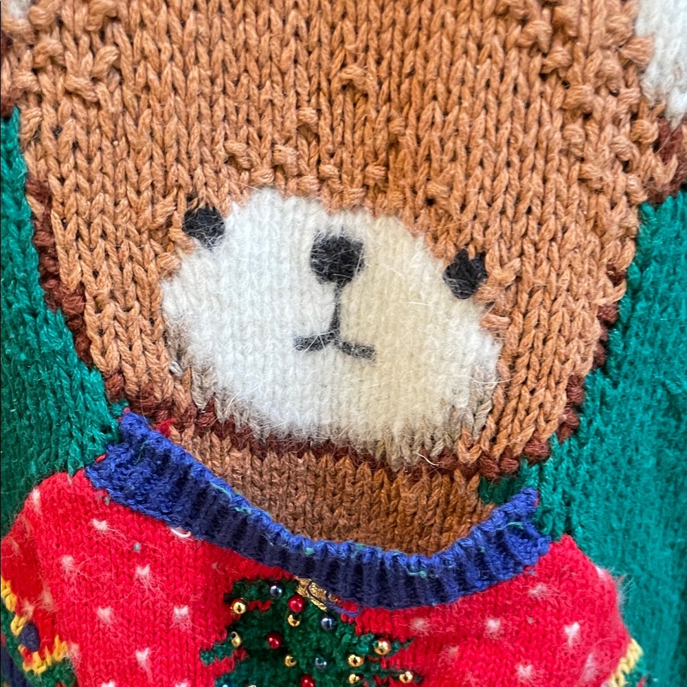 Marisa Christina Teal Christmas Sweater with Bear and Bow Design - Picture 4 of 8